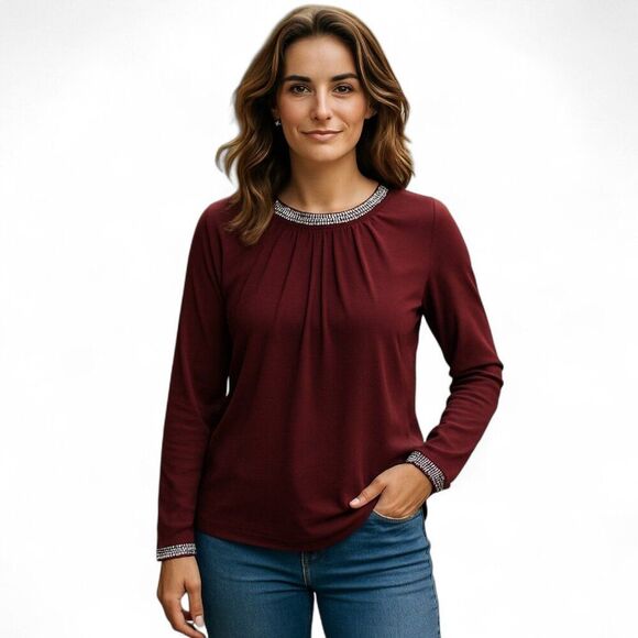 Merokeety Tops - Merokeety Pullover Women Small Wine Red Long Sleeve Blouse Detailed Neckline